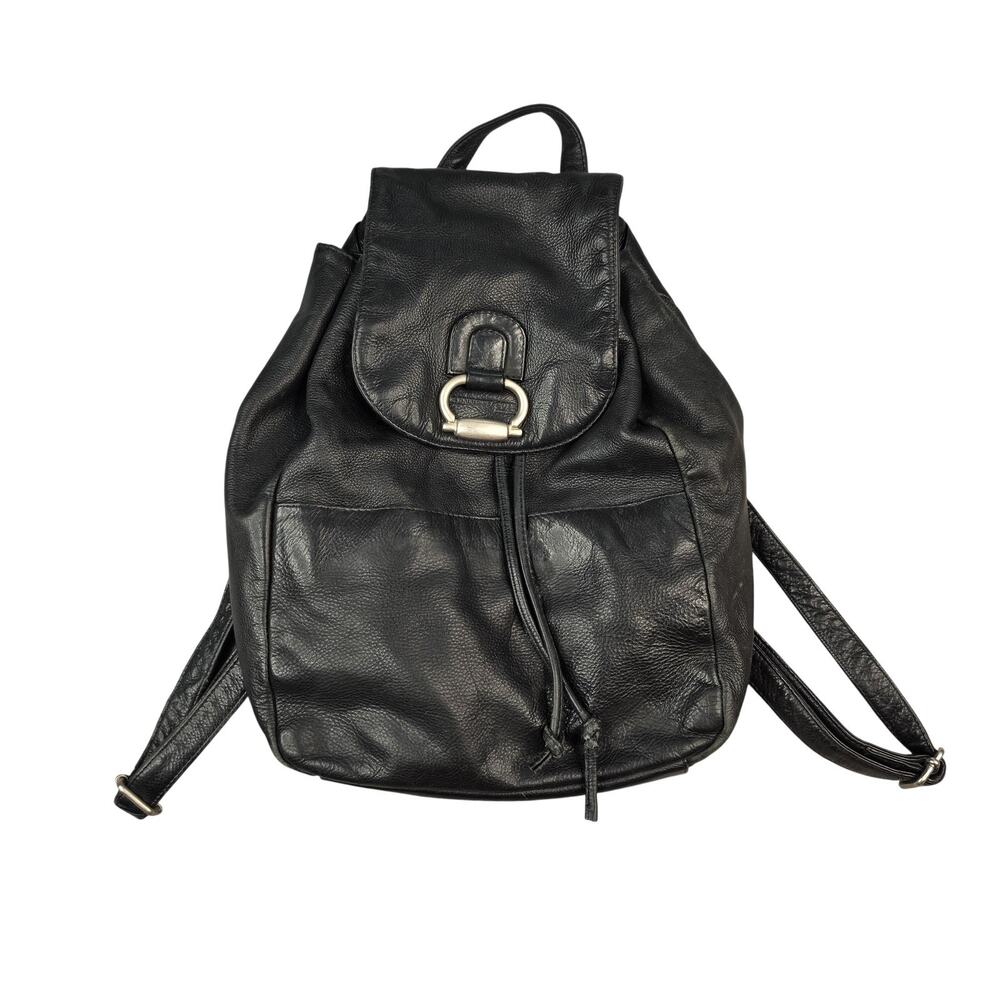 Kenneth Cole Backpack Womens Medium Black Leather Drawstring Buckle Purse Bag
